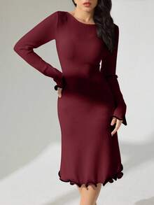 Modelyn 秋冬性感荷叶边下摆罗纹针织长袖修身连衣裙 - 酒紅色 - 查看 4