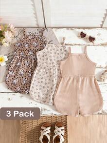 SHEIN 3pcs Baby Girls' Comfortable Casual Suspender Cartoon Print Earthy Tone Heart Print Romper, Stretchy Ribbed Knit Fabric, Soft & Skin-Friendly, Suitable For Daily & Home Wear, Spring