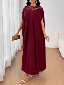 SHEIN Lady 女式拼接圆形亮片网眼蝙蝠袖宽松时尚连衣裙 - 酒紅色 - 查看 6