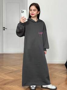 少女宽松休闲针织字母刺绣连帽长裙 - 灰色 - 查看 4
