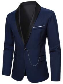 Manfinity Mode 男士撞色长袖西装外套和裤子套装，时尚英伦风商务休闲西装 - 藏蓝色 - 查看 4