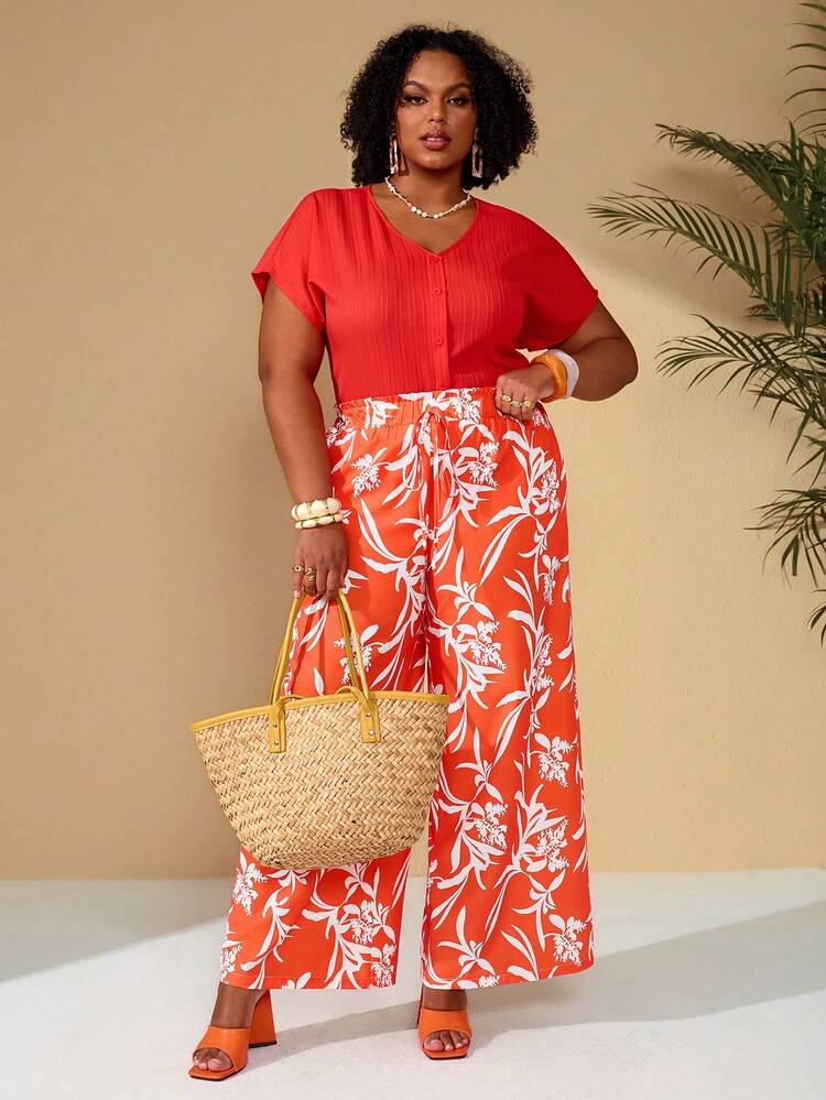Plus Size Women's Summer Casual Vacation Orange Floral Print Wide Leg Casual Pants With Pocket, Spring/Resort For Summer/ Vacation, Summer Holiday, Spring Breaks , Vacations Women , Holidays For Women, Going Out, 2026 New , Simple And Fashionable For Everyday Wear, Women Vacation , Orange Beach Pants, Floral Print Pants, Orange Pants, Suitable For Summer, Vacation, Commute, Daily Wear