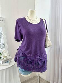 Lacomfia 女士圆领短袖蕾丝边拼接休闲百搭大码T恤 - 紫色 - 查看 1