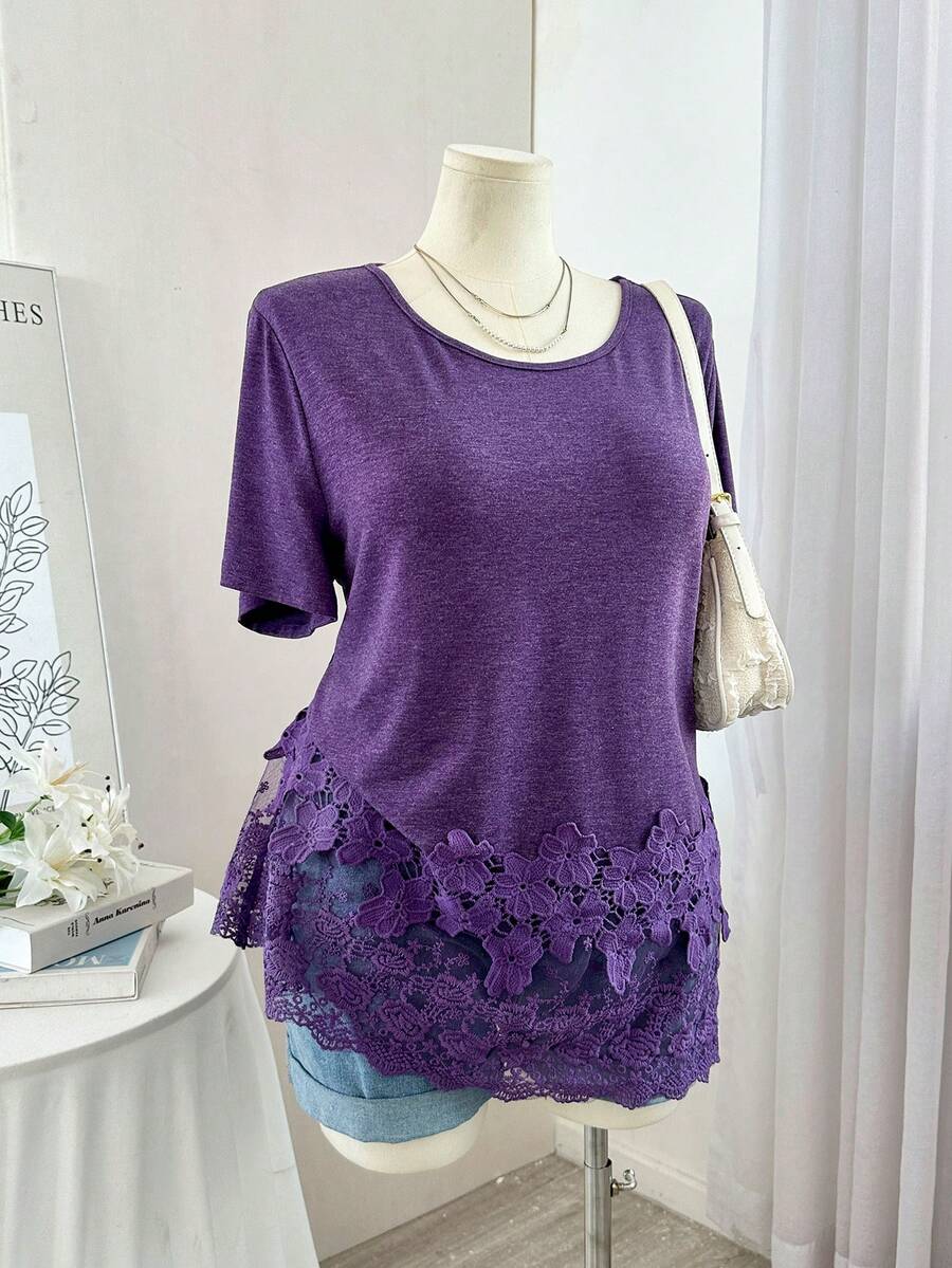 Lacomfia 女士圆领短袖蕾丝边拼接休闲百搭大码T恤 - 紫色 - 查看 1