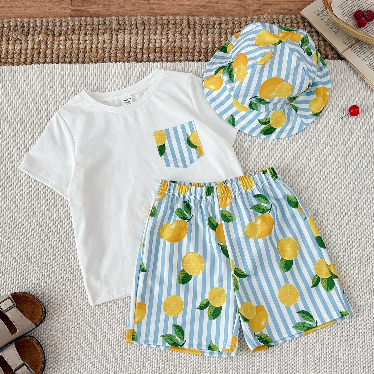 Conjunto de 3 piezas para niño pequeño: Camiseta de manga corta con estampado de limón, top de punto, pantalones cortos y sombrero de sol, casual p