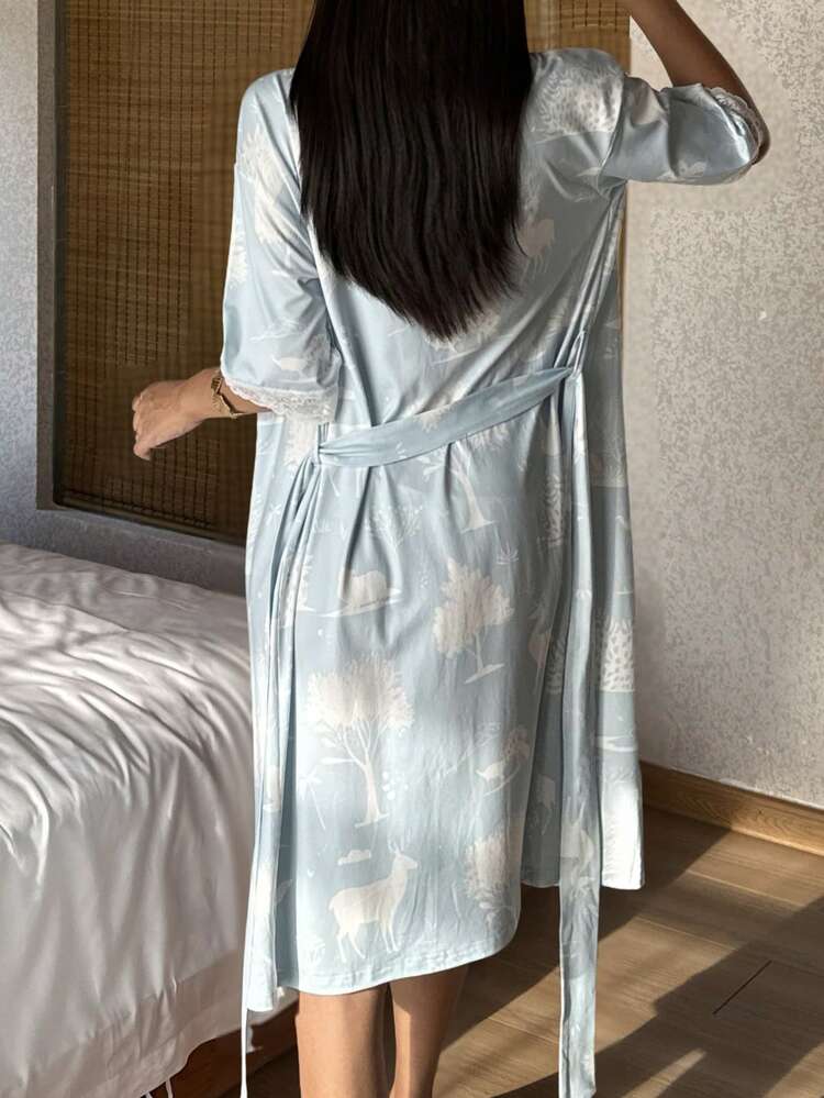 Women's Contrast Color Lace Patchwork Deer Print Full-Length Robe