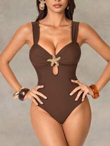 Shapewave Women's Textured Fabric One Piece Swimsuit, Suitable For Beach, Party, Vacation - Coffee Brown - View 4