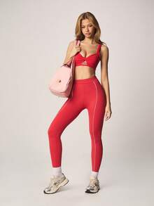 Missguided x Playboy 高腰运动紧身裤，白色撞色滚边，饰有品牌标志，全长修身运动裤 - 紅色 - 查看 3