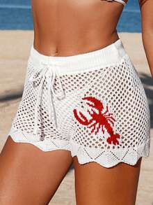 Swim Mod Women's Casual Sexy Beach Vacation Lobster Print Shorts & Cover-Up - Red and White - View 4