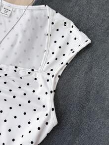 SHEIN 少女黑白波点印花褶皱针织休闲百搭T恤，春夏款