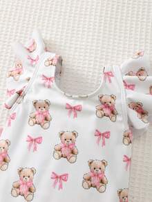 Cozy Pixies Toddler Girls' Colorblock Bow & Cartoon Bear Pattern Casual Cute Beach Swimwear - Pink - View 5