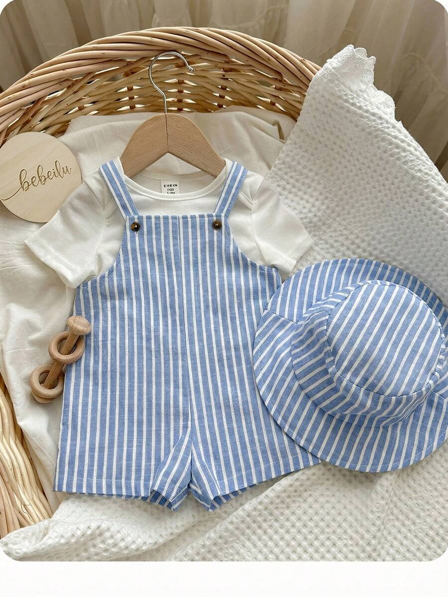 Set de 2 piezas de peto a rayas y sombrero de cubo de verano para bebé niño/niña, conjunto casual para el hogar, salidas y playa - Multicolor - Ver 1