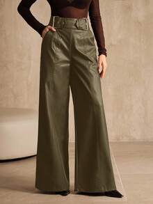 Anewsta Women's PU Leather High Waist Wide Leg Pants, Casual Business Wear, New European And American Style, Suitable For Halloween, Autumn/Winter - Army Green - View 6