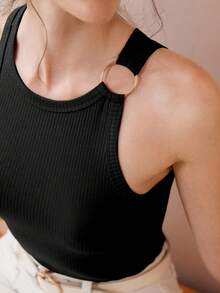 Uhlyne 女士针织纹理简约优雅休闲金属环露背性感吊带背心 - 黑色 - 查看 8
