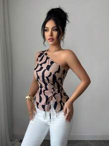 Elenzga Women's New Summer Asymmetric Shoulder Tank Top (Printed Irregular Cut), Sexy One Shoulder Geometric Print Fitted Blouse, Suitable For Dates, Commuting, Parties, Afternoon Tea - Khaki - View 4