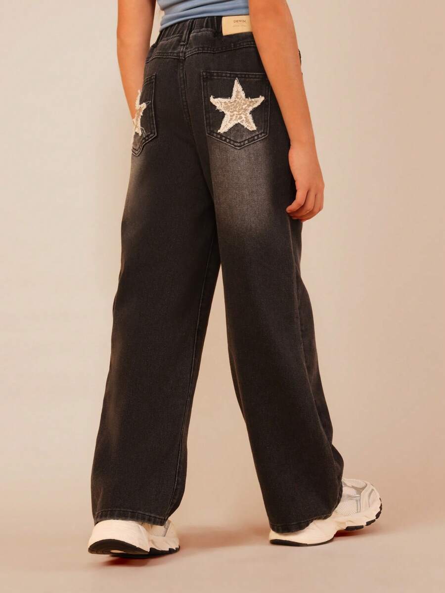 Quần jeans ống rộng SUMWON Tween màu đen, chất liệu denim mài, họa tiết da báo và các mảng sao, cạp cao, kiểu dáng casual, thích hợp đi học, đi chơi cuối tuần hoặc đi nghỉ mát. - màu đen - Xem 1