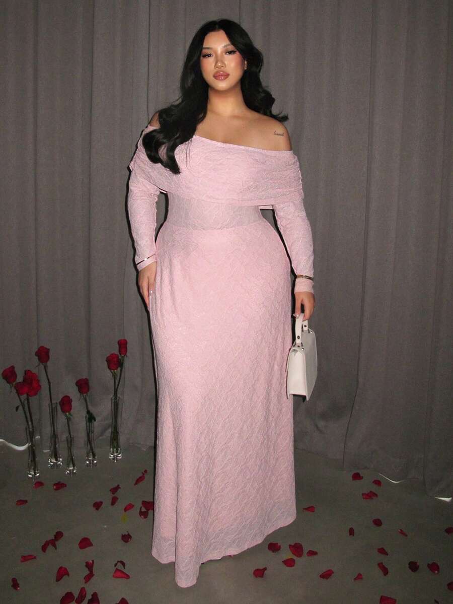 Firerie Plus Size Elegant Solid Color Textured Off-Shoulder Dress, Autumn