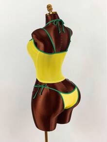 Amplova 3pcs Women's Swimsuit Set, Yellow-Green Contrast Brazilian Pattern Print, Including Camisole Top, Suitable For Party, Date, Vacation - Multicolor - View 5