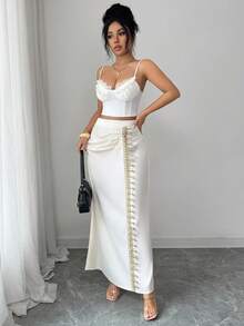 SHEIN Elenzya 2026新款女士优雅缎面高腰褶皱荷叶边开衩长裙，适合20-35岁以上女性，假日及日常百搭，春夏款 - 杏色 - 查看 1