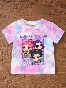 一套女婴休闲可爱韩系卡通扎染图案短袖针织T恤和配套扎染短裤套装，适合婴幼儿日常及假日穿着的舒适针织服装，运动时尚套装 - 彩色 - 查看 7