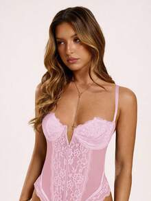 SHEIN BAE Áo liền thân gợi cảm hai dây phối ren tương phản dành cho nữ - Màu Hồng baby - Xem 5