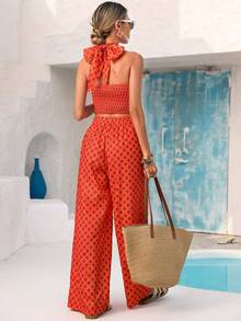 Vivid Eden 女士菱形图案露背吊带无袖上衣和斜插口袋长裤两件套 - 橘色 - 查看 2