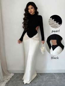 Elenzga Váy dự tiệc thanh lịch, gợi cảm với họa tiết ngọc trai và thiết kế khoét sâu, màu tương phản, thu đông - màu đen - Xem 3