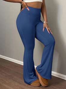 Slaydiva Solid High Waist Flare Leg Pants - Royal Blue - View 9