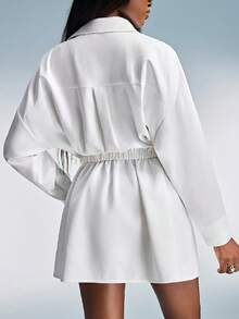 Aveloria GENKIRA New Oversized Simple White Casual Loose Dual Pocket Cinched Waist Versatile Long Sleeve Dress - White - View 6
