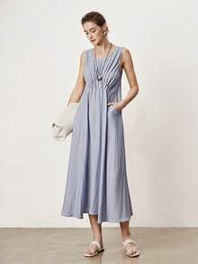 Aalyst Robe longue ample en tissu lin-like vintage, style bohème chic et élégant, col rond, poche avant froncée, sans manches, pour femmes, idéale pour les vacances ou le travail, printemps/été - Bleu gris - Voir 5