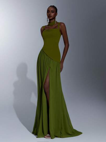 Elitara Elegant Fashion Cold-Shoulder Double Strap Pleated Neckline Waistline Design A-Line Hem Formal Dress, Suitable For Various Occasions