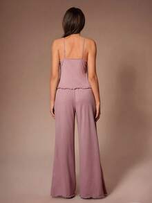 SHEIN Sexy Lace Patchwork V-Neck Cinching Waist Backless Tie Camisole And Pants Pajama Set - Dusty Pink - View 2