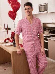 CoupledUp 情侣格子印花休闲INS风简约红色睡衣套装，适合居家穿着 - 紅色 - 查看 3
