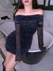 DAZY Women's Mesh Lurex Off-Shoulder Mini Dress, Party Wear, Spring/Summer - Navy Blue - View 3