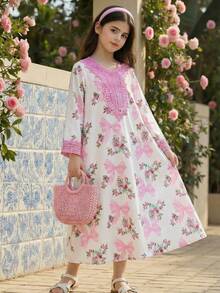 SHEIN Young Girl Pink Bow Tie Dress Ditsy Floral White Autumn Family Matching Elegant Vintage Chiffon Long Sleeve Arabic Abaya Modest Kaftan Kids Jalabiya - Pink - View 3