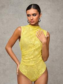 SHEIN BAE Black Lace Sleeveless Open Shoulder Ruched Bodysuits, Autumn, Halloween - Yellow - View 7