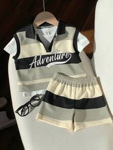 SHEIN 3件套男女通用婴儿黑白条纹套装，白色T恤，无袖背心和短裤，春夏男婴服装 - 黑與白 - 查看 7