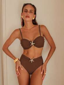 Swim Vcay Conjunto de traje de baño sexy de tela brillante con decoración de estrella de mar, para vacaciones en la playa - Marrón - Ver 4