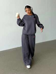 SHEIN Bộ 2 món dành cho nữ tuổi teen: áo nỉ rộng rãi và quần ống rộng, trang phục thường ngày thoải mái và thời trang. - Màu xanh hải quân - View 3