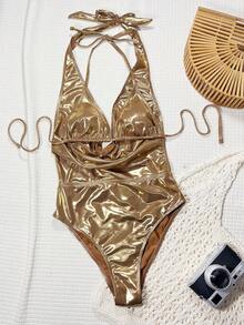 Swim SXY Swim Vcay-D 金色金属色系带露背连体泳衣，性感露背沙滩比基尼，春夏款 - 金色 - 查看 4