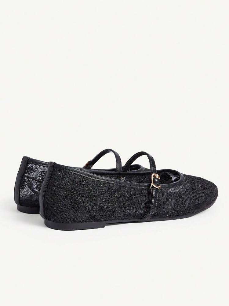 CUCCOO CHICEST Women Shoes Black PU Mesh Embroidery Fashionable Elegant Flat Shoes