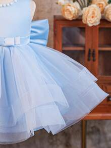 SHEIN Glamorique Kids 派对礼服、花童礼服、舞会礼服、后背蝴蝶结、女婴公主裙、双层薄纱裙、蓝色薄纱裙、白色珍珠、自信骄傲蓬蓬裙、四季皆宜 - 藍色 - 查看 5