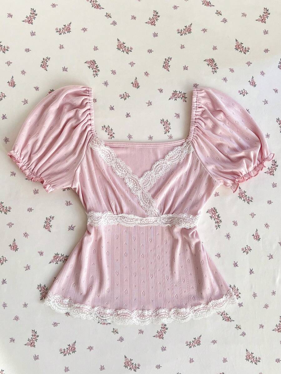 Elamini Women's Pink Square Neck Fitted Lace Short Sleeve Blouse, Sweet & Cute Y2K Fashion , Comfortable & Versatile, Collegiate Style, Spring/Summer Back To School Season - Pink - View 1