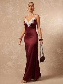 Lumalex 女士优雅性感酒红色无袖蕾丝边修身喇叭连衣裙，春夏款 - 酒紅色 - 查看 6