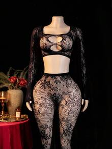 2pcs/Set Women Cutout Long Sleeve Cropped Top And Sexy Fishnet Tights - Black - View 5