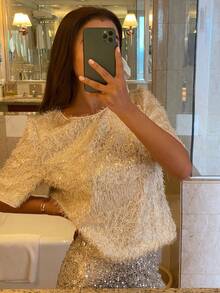 DAZY Sequin Embellished Round Neck Loose Fit Party T-Shirt For Women Y2k - White - View 5