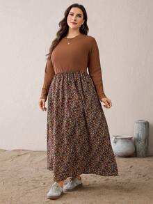 SHEIN Essnce Women's Plus-Size Brown Polka Autumn Boho Vacation Maxi Dress,Long Sleeve Floral Waist Dress With Pockets,Casual Spring Country Style - Brown - View 7