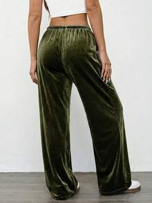 SHEIN EZwear 女士复古休闲黑色丝绒宽松阔腿裤，秋冬款 - 軍綠色 - 查看 2