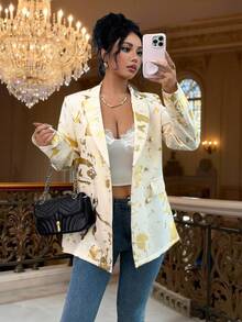 Elenzga Áo khoác blazer hai hàng khuy thời trang thanh lịch mới dành cho nữ, chất liệu vải in họa tiết lá vàng, áo blazer lá vàng cho nữ, áo blazer nữ. - Nhiều màu - Xem 6