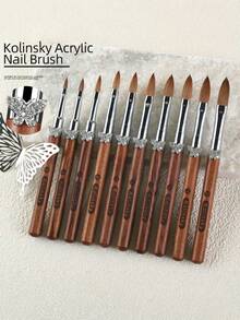 100% 貂毛蝴蝶檀木手柄压纹 UV 凝胶雕刻笔刷液体粉末 DIY 美甲绘画 - 棕色 - 查看 5